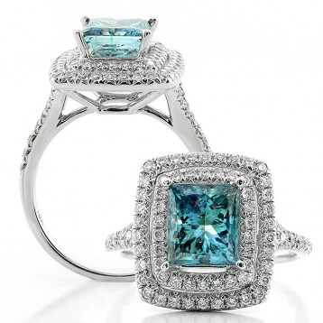 2.00 Cts Princess Cut Blue Diamond Engagement Ring Set in Double Halo in 18K White Gold